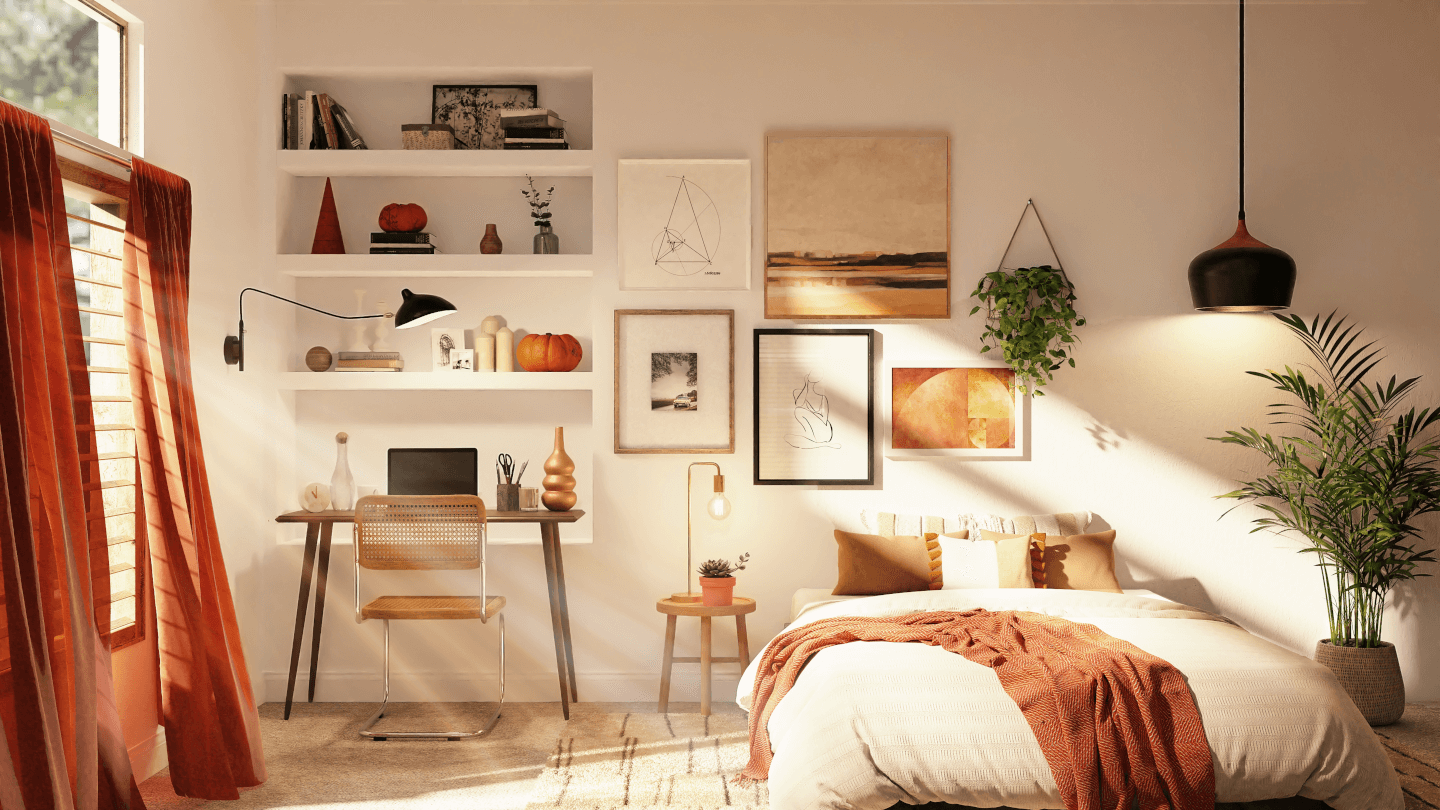 bedroom with sunshine coming through the windows