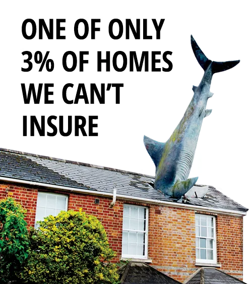 A model of a whale coming from the roof of a real house, with the statement "One of only 3% of homes we can't insure" above it