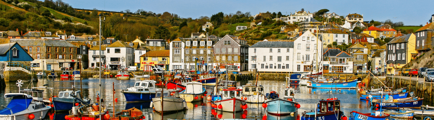 small boats in a harbour with seaside buildings behind