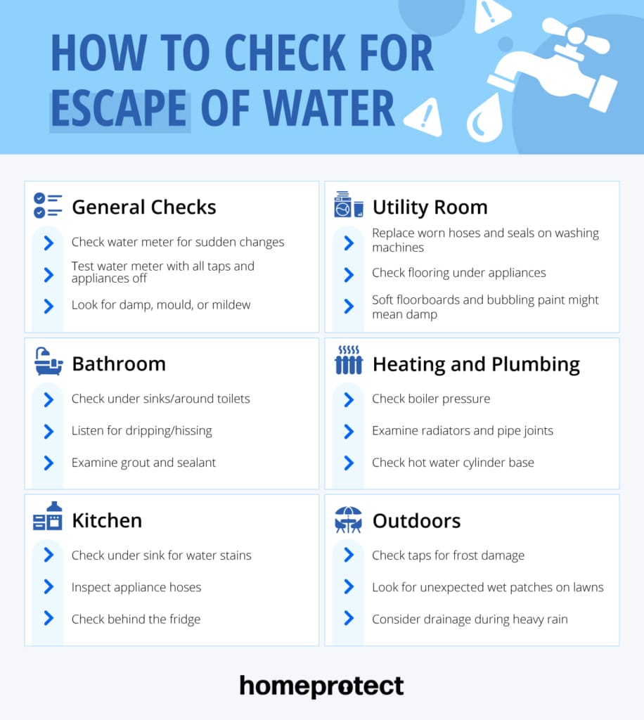 How to check for escape of water infographic from Homeprotect