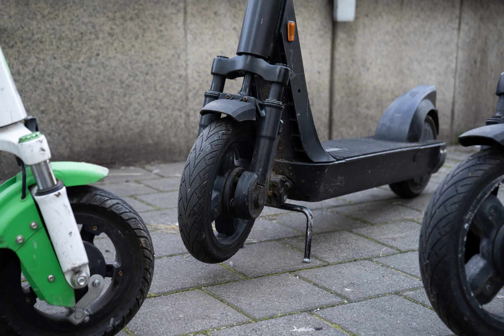 Close-up of the bottom of e-scooters